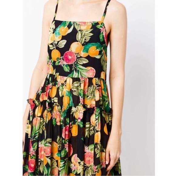 CARA CARA Fruit Print Square Neck Sleeveless Open Back Ruffle Tier Midi Dress L - Picture 7 of 15